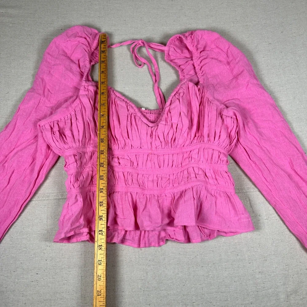 Free People Chloe Pink Smock Peplum‎ Crop Blouse Long Puff Sleeve Sweetheart Top